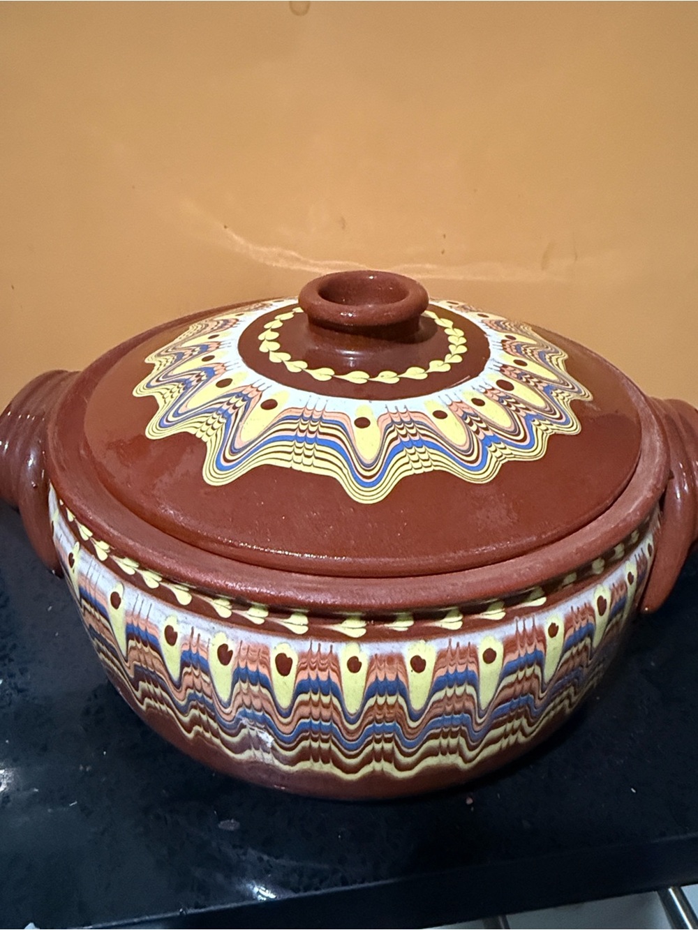 Bulgarian Troyan Pottery lidded clay cooking pot, or gyuvech.